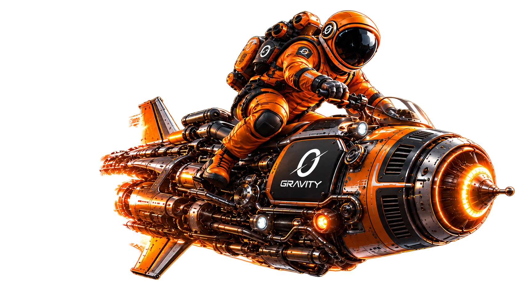 The Zero Gravity astronaut riding the orange GRAVITY 01 space bike