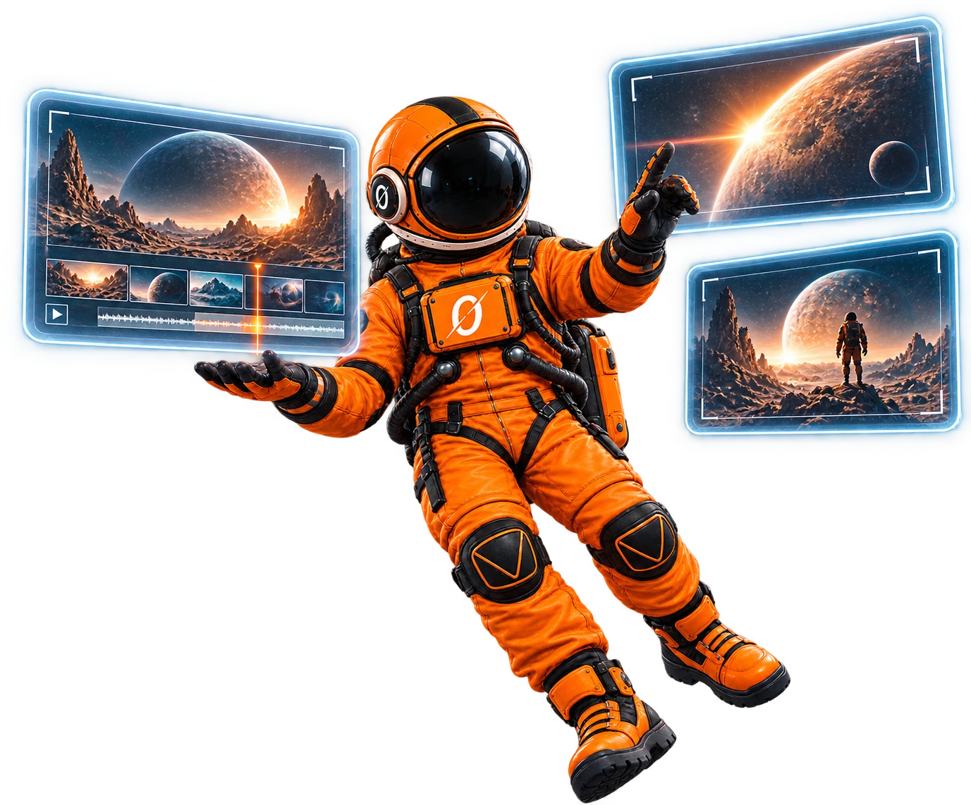 The Zero Gravity astronaut floating in space, presenting holographic screens of cinematic work